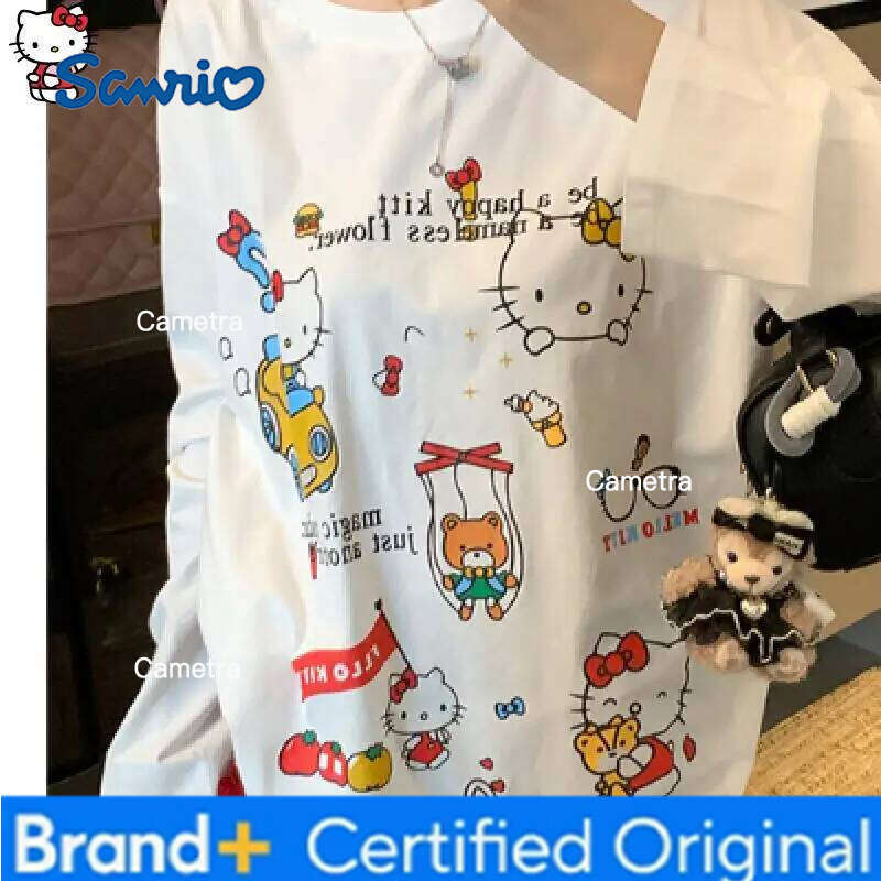 Sanrio HelloKitty Girl Kawaii Anime Fashion Student Casual Long-Sleeved Autumn and spring shirt Round neck Pullover New tops H260112