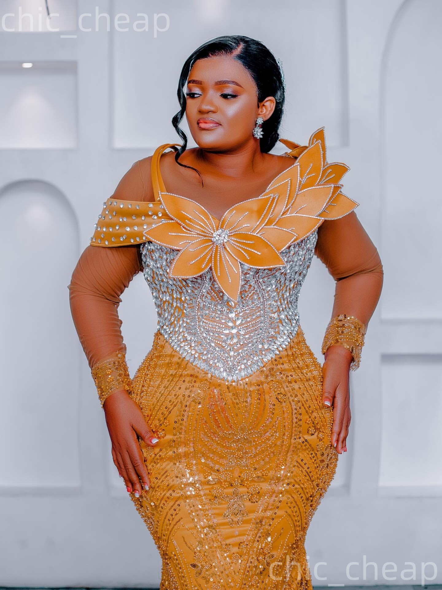 Aso Ebi Gold Mermaid Prom Dresses 2026 Flowers Crystals Sheer Neck Sequined Evening Formal Party Second Birthday Engagement Gowns Dress For Special Oc