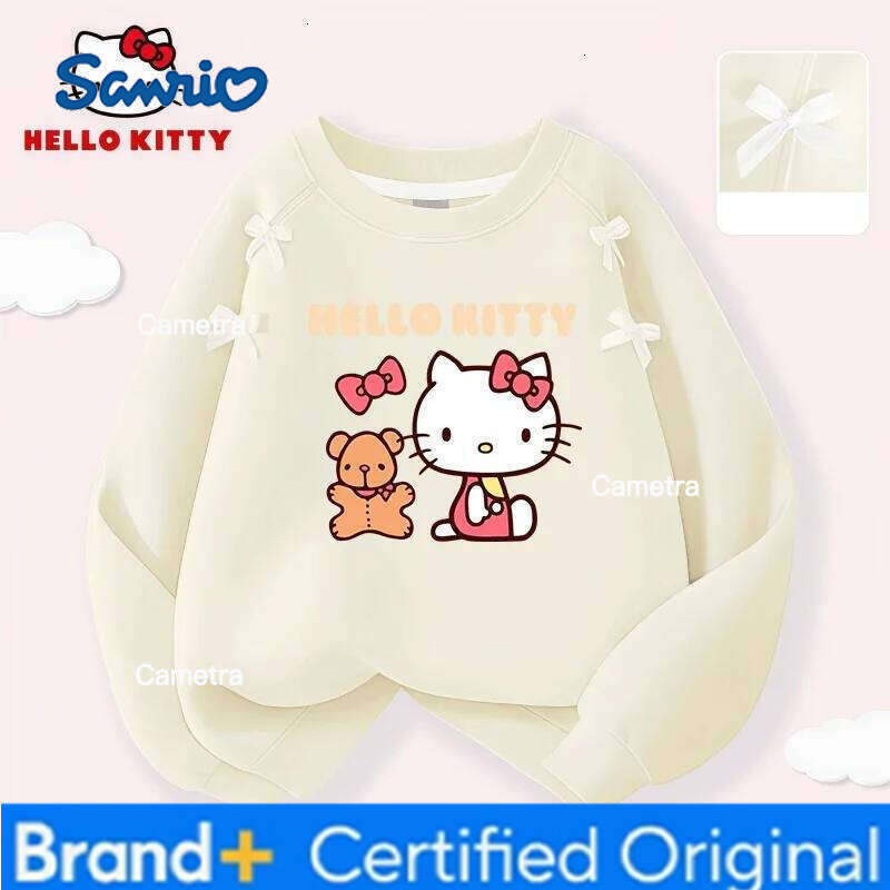 Sanrio Hello Kitty Kids Casual Round-neck Pullover Hoodies Girls Stylish Bow Decor Comfortable Lightweight Sweatshirt Sweet Cute Blouse H260112