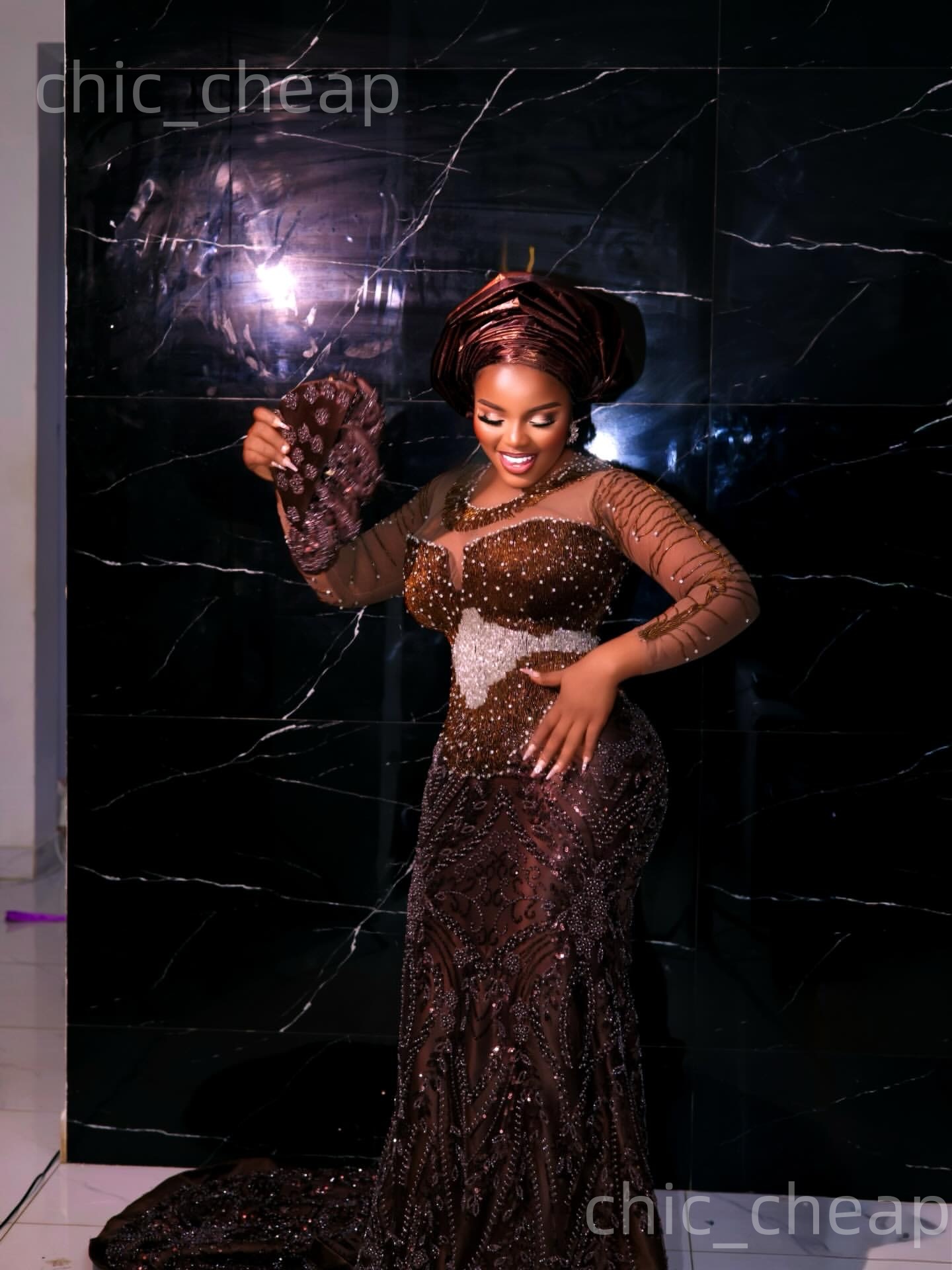 Aso Ebi Nigerian Brown Mermaid Prom Dresses 2026 Beaded Crystals Sequined Evening Formal Party Second Birthday Engagement Gowns Dress For Special Occa