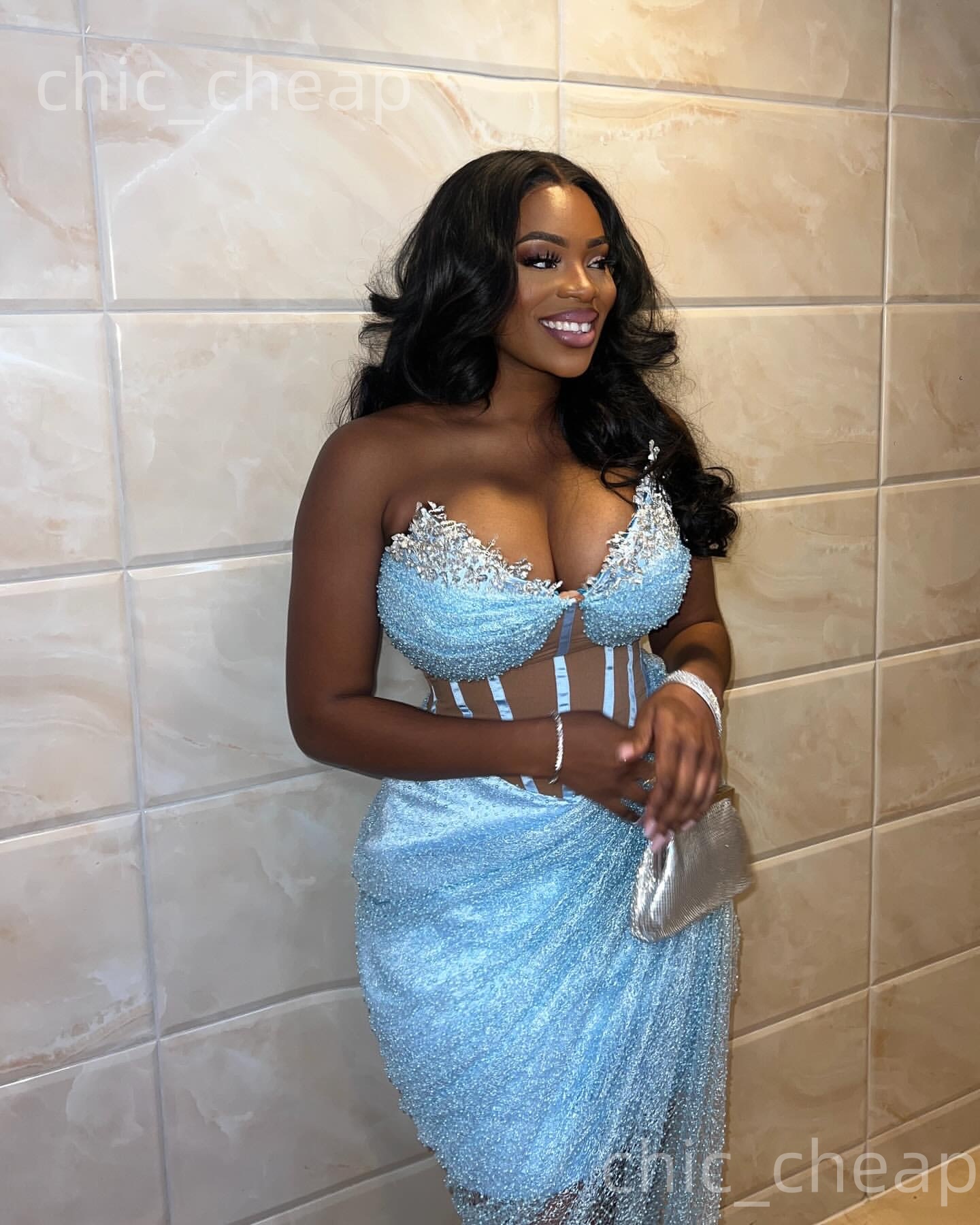 Aso Ebi 2k25 Light Sky Blue Sheath Prom Dresses 2026 Crystals Sequined Evening Formal Party Second Birthday Engagement Gowns Dress For Special Occasio