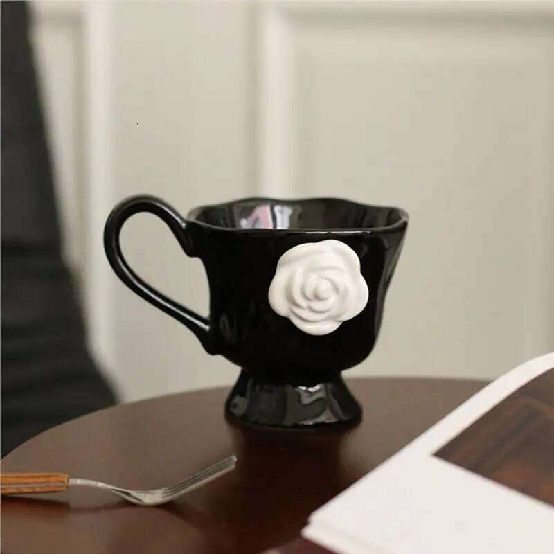 A03F- Mug Camellia Embossed French Household Style Breakfast Milk Office Coffee Cup, Retro Design With Handle