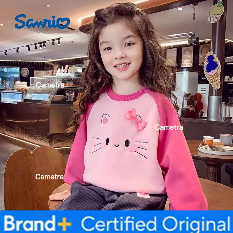 Sanrio 2025 New Girls' Mid-Big Size Fleece-Lined Cartoon Crewneck Sweatshirt Autumn/Winter Warm Stylish Viral Base Layer Top H260112