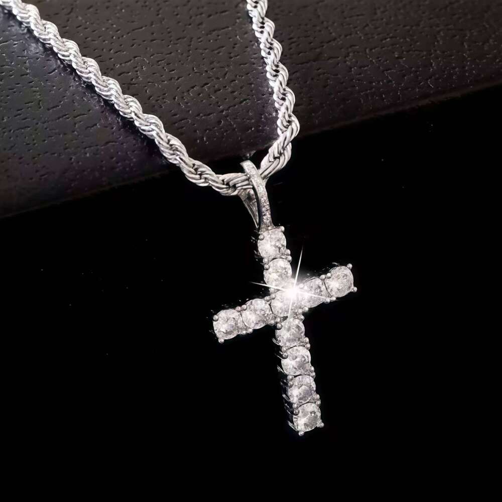 iced Out Crystal Zircon Cross Pendant Necklace Silver Plated Twisted Chain Necklaces For Men Women, with a complimentary gift H260112
