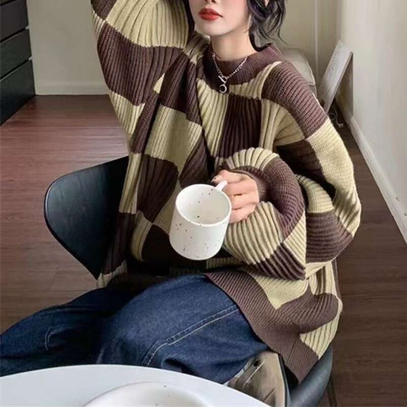 Autumn Winter Design New Top Checkerboard Sweater Women Retro Loose Lazy Style Pullover Knitted Jacket