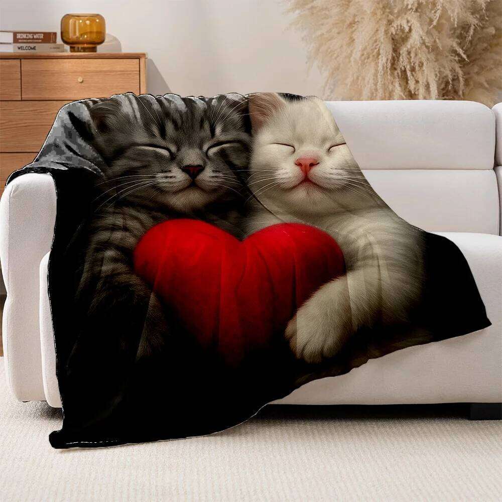 1pc Cozy White Kitten Plush Fleece Blanket - Grey Tabby & Cat with Heart Print, Soft Quilted-like Bedspread for Couch XJ260112