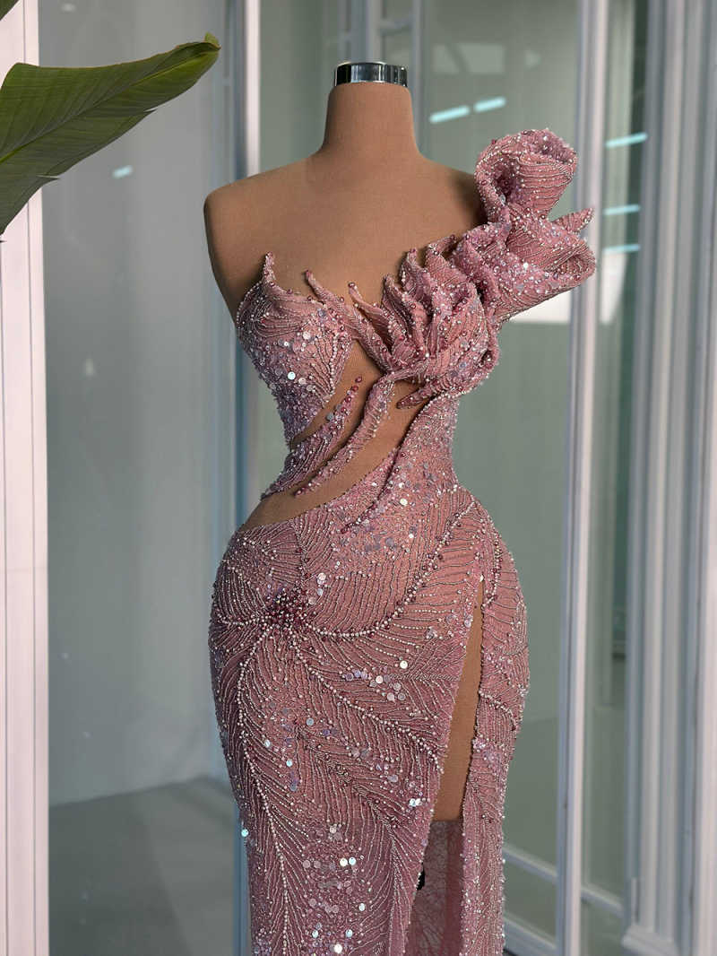 Glamorous Sequins Mermaid Prom Gowns Sleeveless High Slit Evening Dresses Beaded Special Occasion Party Customized