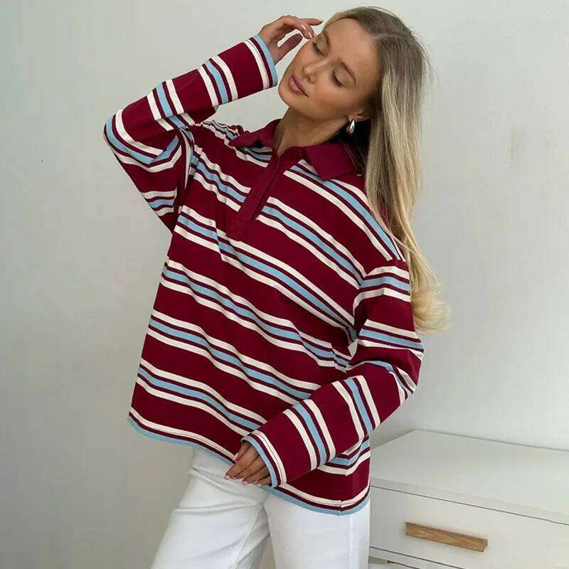 Tornova Casual Long Sleeve Striped Polo Collar Loose Women's Top Pullover Fashion Retro Print T shirt Female Autumn New