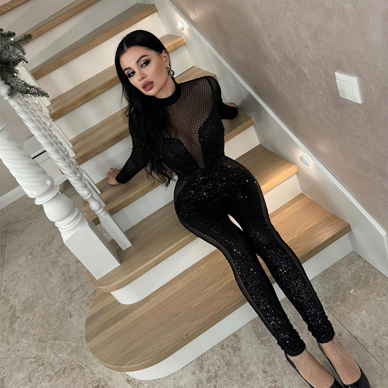 sexy nightclub women jumpsuits drill mesh Jumpsuit clubwear rompers black clothes Night dress fashion designing dresses