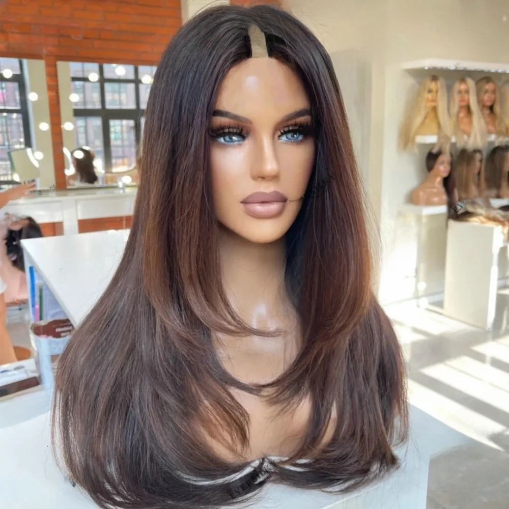 Designer Human Hair woman Wig Natural Straight V Part For Women Easy Wear Highlight Chocolate Brown 1X4 ombre wig Size U Shaped Wig Human Hair With Cl