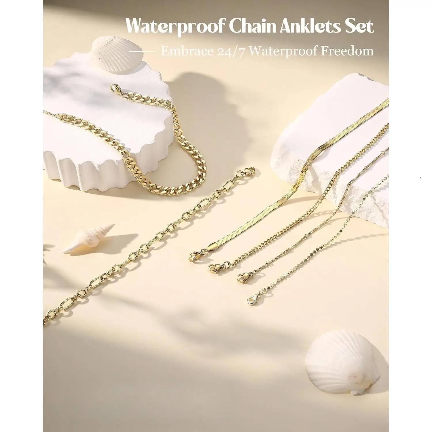 6PCS Ankle Bracelets for Women 14K Gold-plated Anklets Stainless Steel Cuban Link Chain Anklet Set Layered Beach Jewelry Gift 260107