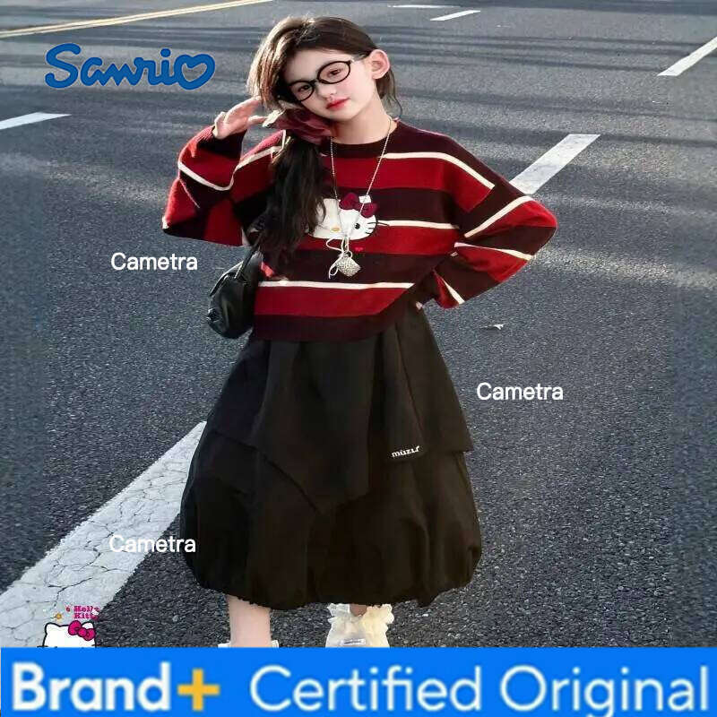 Sanrio Hello Kitty knitted Girls Kawaii Y2k Anime Children's Clothing Winter Oversized Child Casual Pullover Crew Neck top H260112