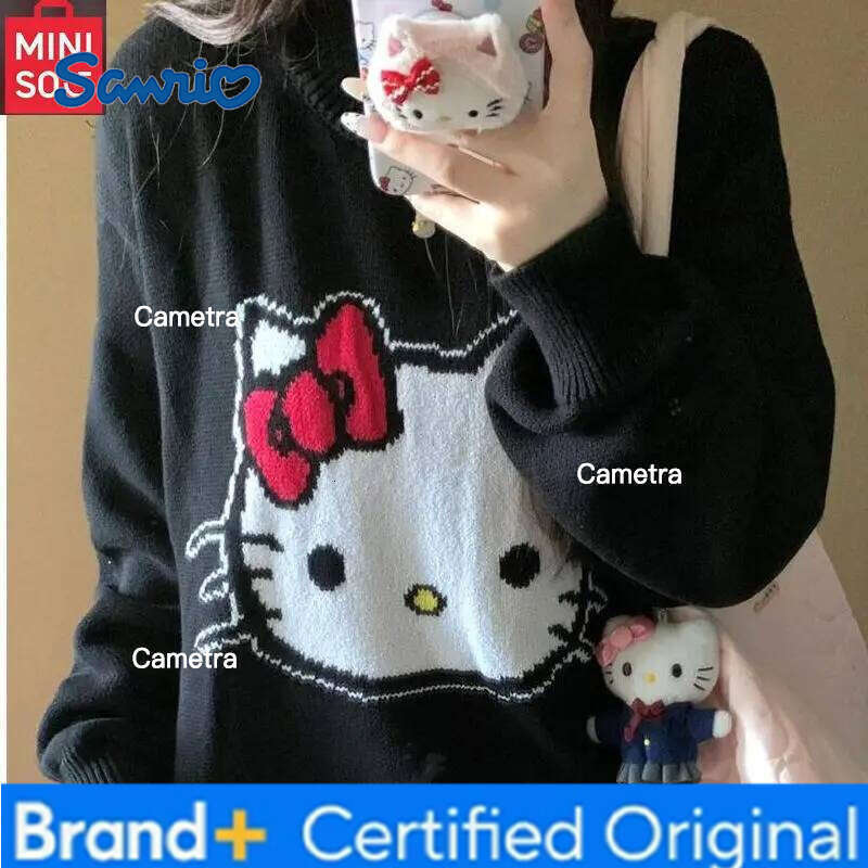 Sanrio MINISO Hello Kitty Jacquard Warm Round Neck Hooded Women's Loose and Slimming Knitted Sweater H260112