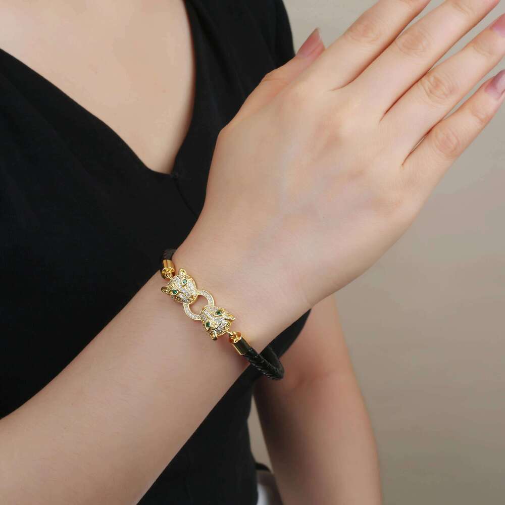 Bracelet Jewellery Textured 1 Stainless Steel Leopard Head Braided Leather Rope with Cubic Zirconia Animal Style Unisex Cuff for Daily Casual Wear and