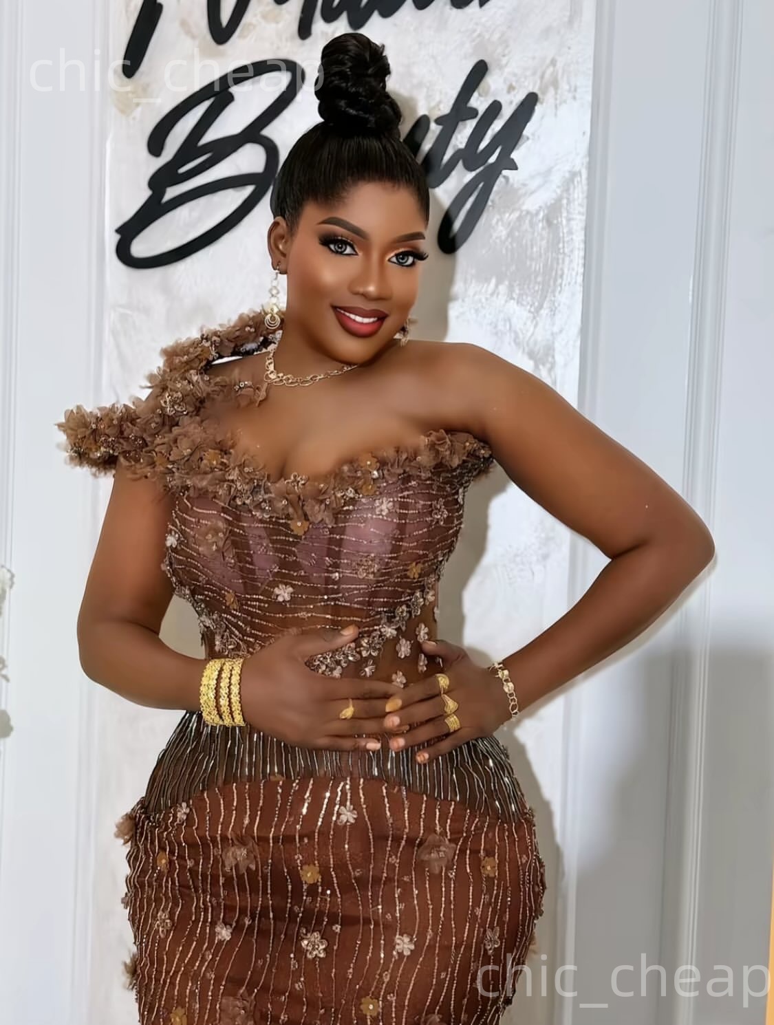 Aso Ebi Brown Mermaid Prom Dresses 2026 One Shoulder Flowers Crystals Beaded Evening Formal Party Second Birthday Engagement Gowns Dress For Special O