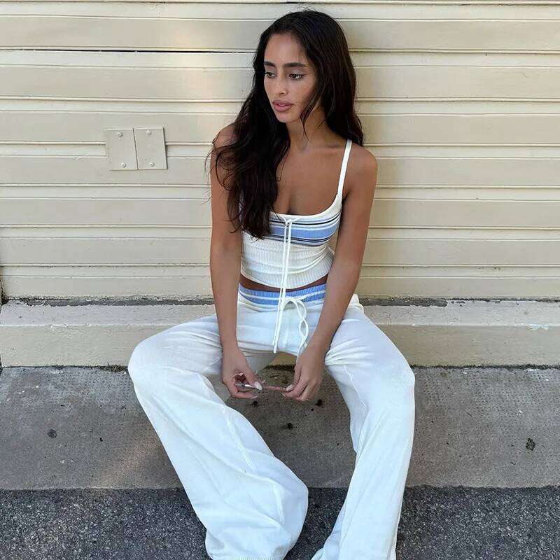 Tornova Contrast Stripes Knitted Pant Sets Women's Sleeveless Sling Top Drawstring Loose Straight Trousers Casual Vacation Suit