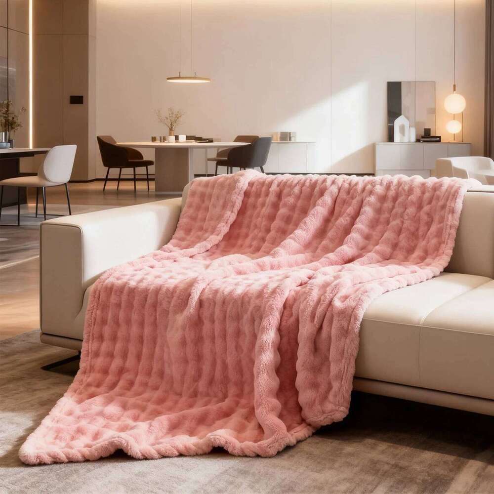 1 Pc Luxury Faux Rabbit Fur Throw Blanket Soft Warm White Striped Fluffy Blankets for Sofa Office Naps Single Double Plush Plaid XJ260112