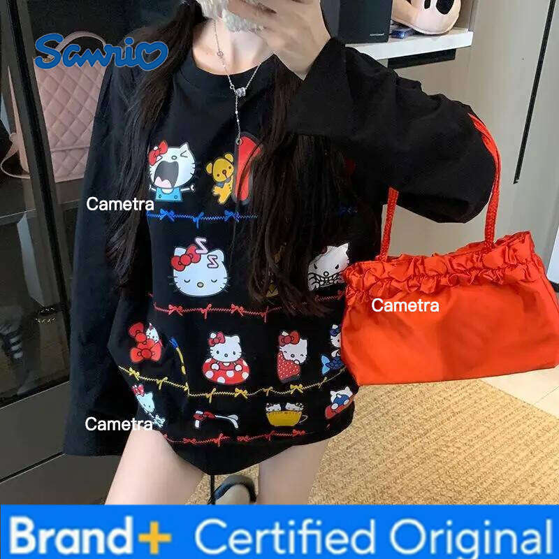 Sanrio Cartoon Girl Long Sleeved T Shirt Hello Kitty Print Kawaii Loose Anime Spring Autumn New Style Casual Sweet Versatile H260112