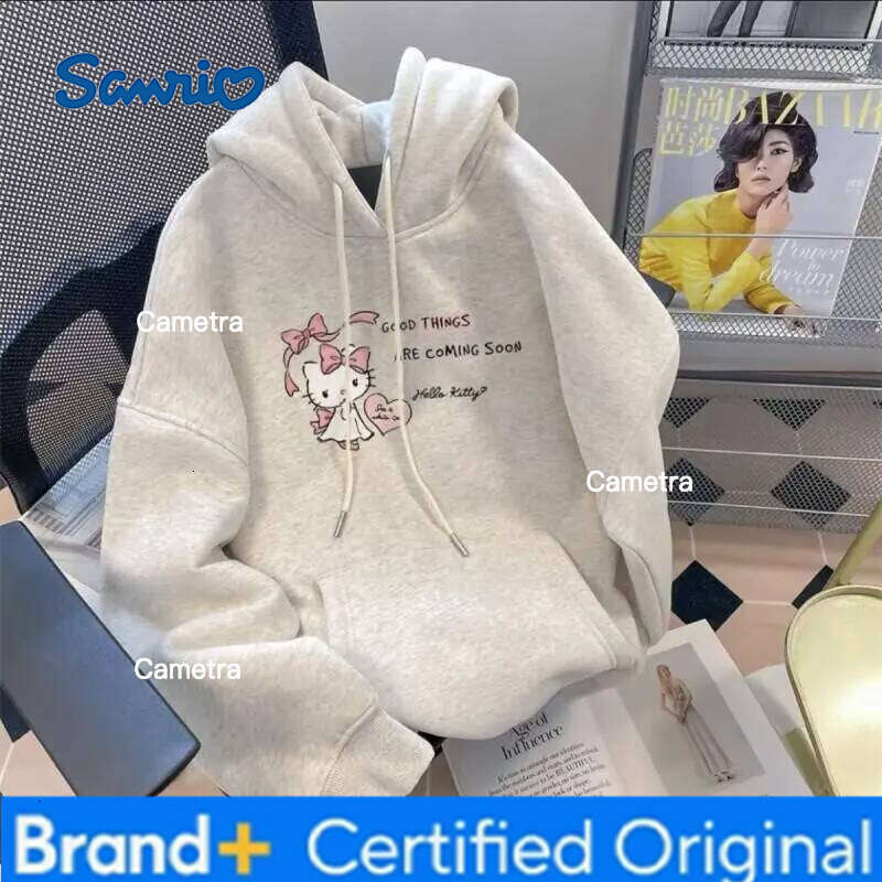 Sanrio Hello Kitty Hoodie Silver Fox Fleece Cartoon Print Trendy Women's Autumn Winter Versatile Loose Fit Casual Sweatshirt H260112