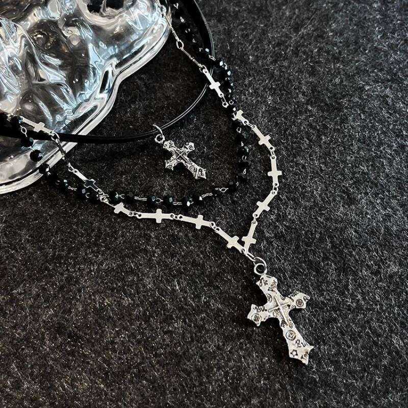 Gothic Punk Y2K Black Cross Pendant Necklace for Women Men 2025 Vintage Multi Layer Bead Necklaces 90s EMO Charm Jewelry Gifts H260112