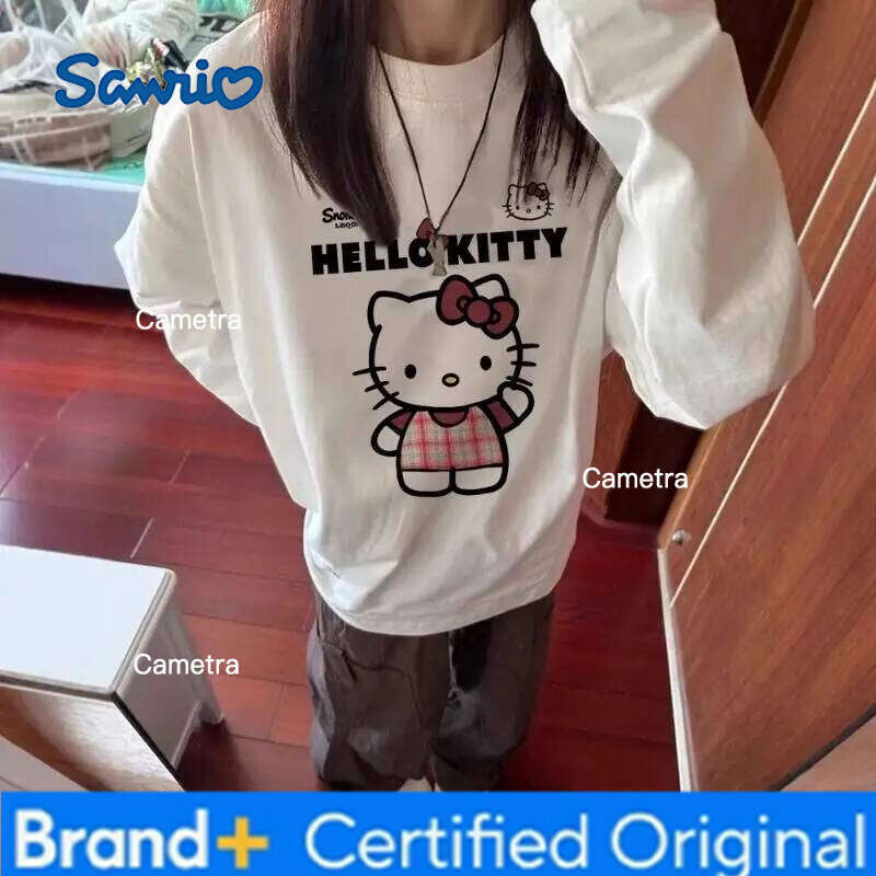 Sanrio Hello Kitty Women's T-Shirt Kawaii Cartoon Student Autumn and Winter Leisure Long Sleeves Tops Fashion Woman Clothing New H260112