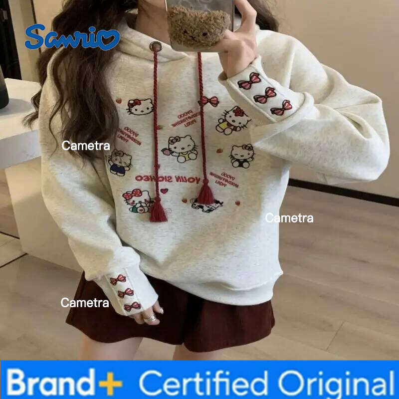 Sanrio Kawaii Kitty Hooded Sweatshirt Women Cartoon Embroidered Fleece Lined Thick Warm Loose Fit Casual Commuter Tops Autumn Winter H260112