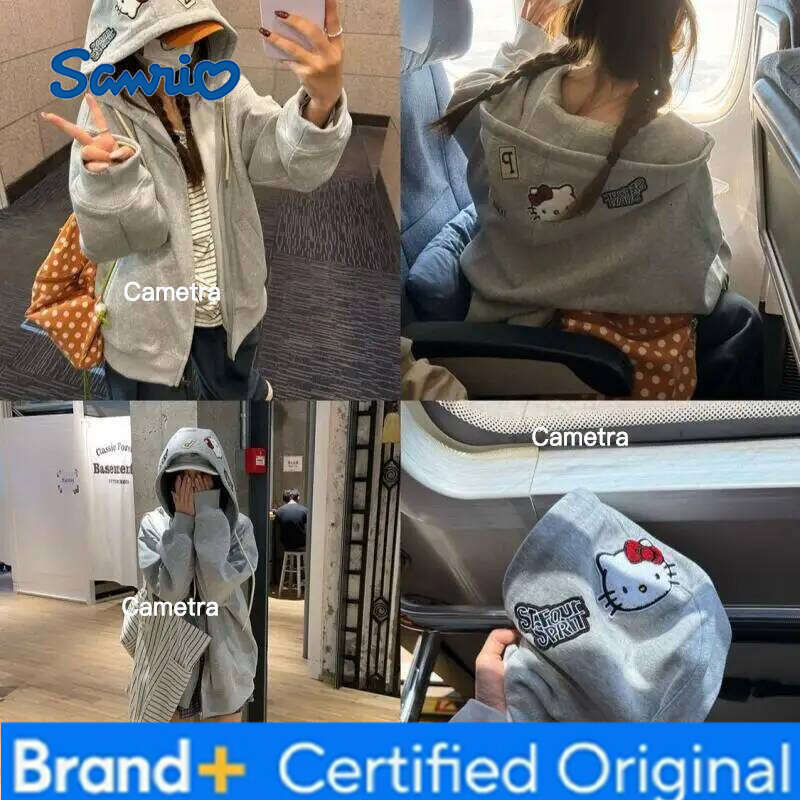 Sanrio Cartoon Hello Kittys Embroidered Hooded Cardigan Women's Loose Casual Zipper Jacket Y2K Girls Sweet Cool Tops Outerwear Street H260112