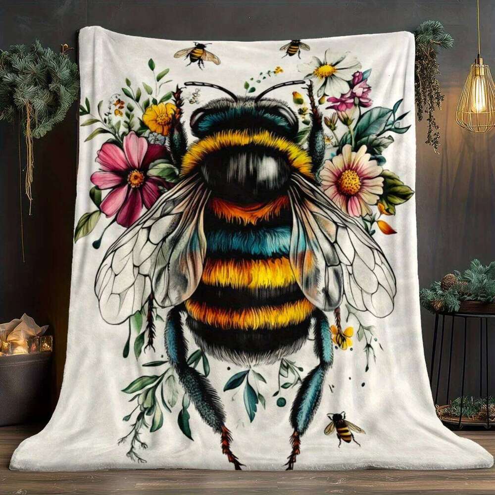 1pc Ultra Soft Lightweight Flannel Blanket with Vibrant Bee & Floral Design Cozy Warm Throw for Camping, Travel, Home Decor - XJ260112