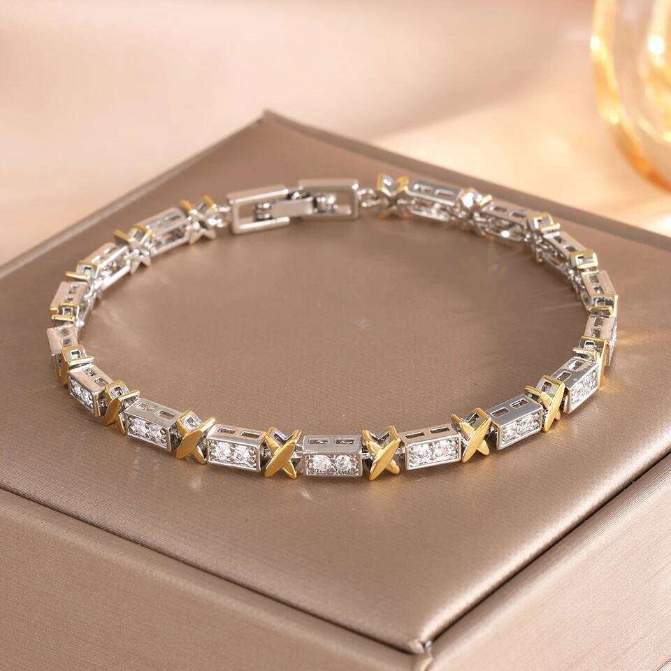 Three Colors Gold Color X-shaped Full Zircon Bracelet for Women Cross Niche Design Luxury Wedding Party Jewelry