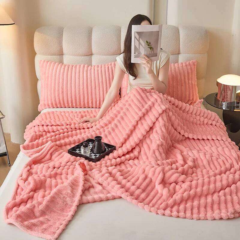 Korean Style Throw Couch, Cozy Warm Plush Striped Blanket for Sofa Bedroom Living Room,All Season Use Festival Decor XJ260112