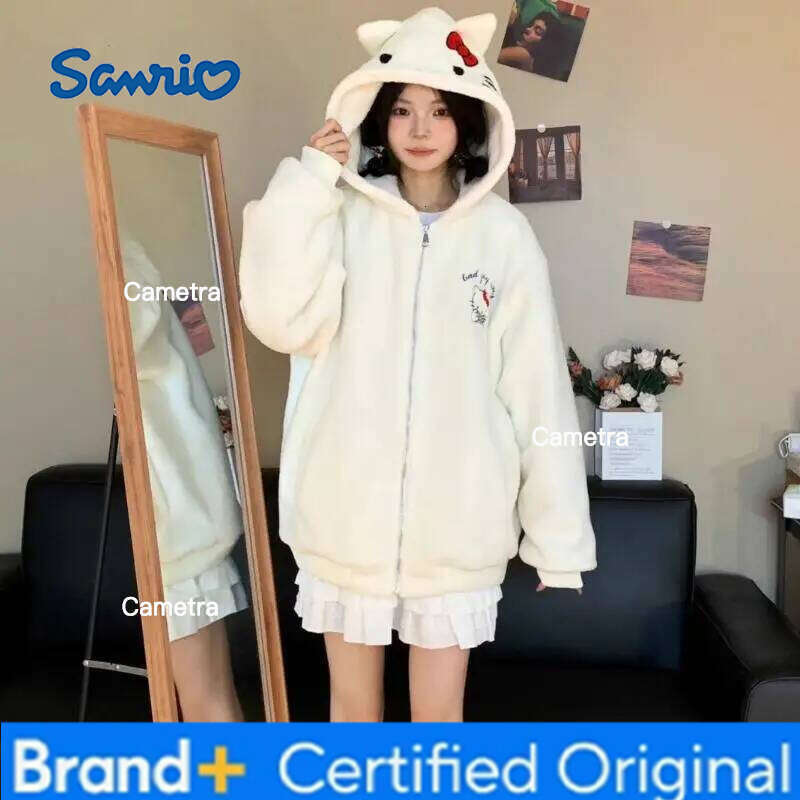 Sanrio Anime Hello Kitty Cute Jacket Cartoon Kawaii Y2K Women Tops Fashion Sweetheart Girl Sweatshirts Fleece Warm Hooded Zip-Up H260112