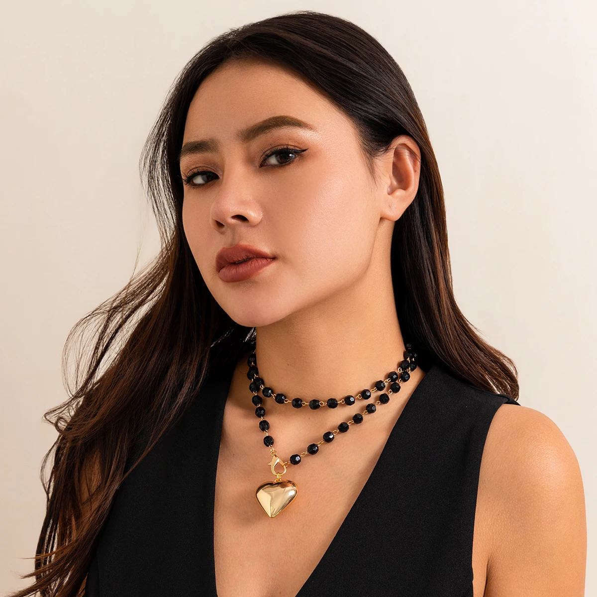 Salircon Korean Acrylic Black Beaded Double-layer Necklace Punk CCB Heart Shaped Pendant Necklace Womens Banquet Jewelry 260107