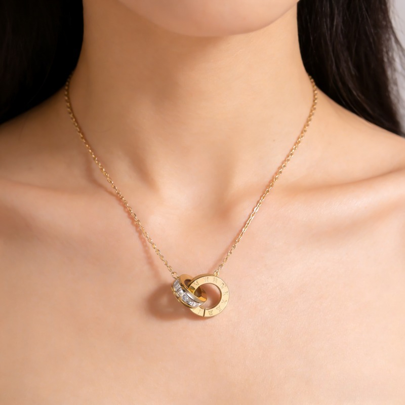 Women's Roman Numeral Double Circle Cubic Zirconia Titanium Steel Necklace Dainty Light Luxury Clavicle Chain Trendy Fashion Jewelry