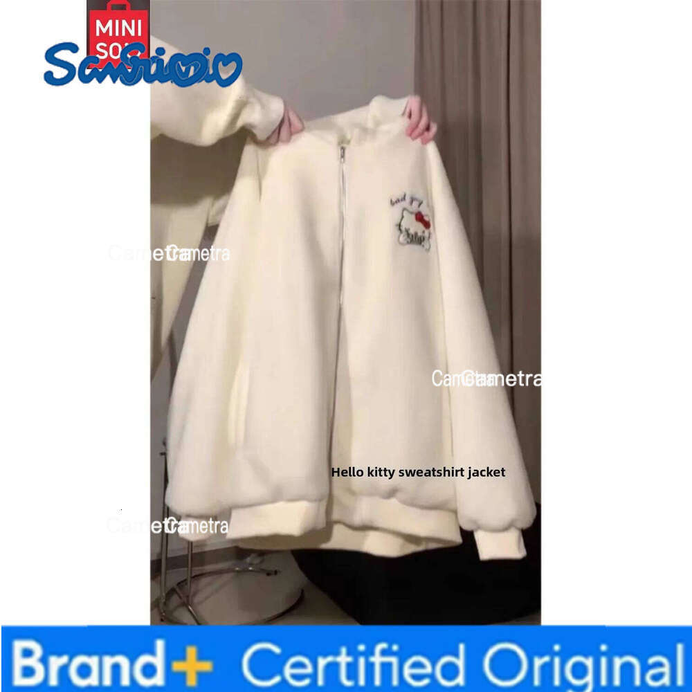 Sanrio MINISO Cartoon Cute Hello Kitty Lamb Women's Autumn and Winter Plus Plush Thick Cardigan Coat H260112