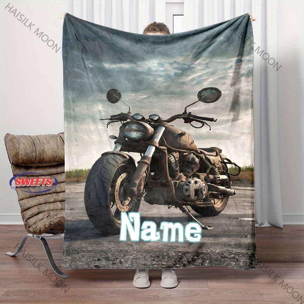 Personalized Name Customization - Vintage Motorcycle Printed Blanket Gifts for Husband Son, Birthday Christmas Thanksgiving Gift XJ260112