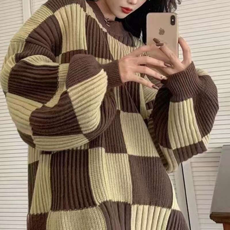Autumn Winter Design New Top Checkerboard Sweater Women Retro Loose Lazy Style Pullover Knitted Jacket