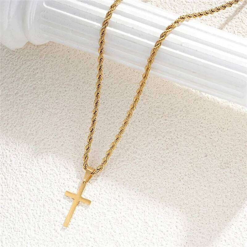Stainless Steel Cross Pendant Necklace for Men Boys 18K Gold Plated Silver Simple Twisted Chain Fashionable Jewelry Beach Party H260112