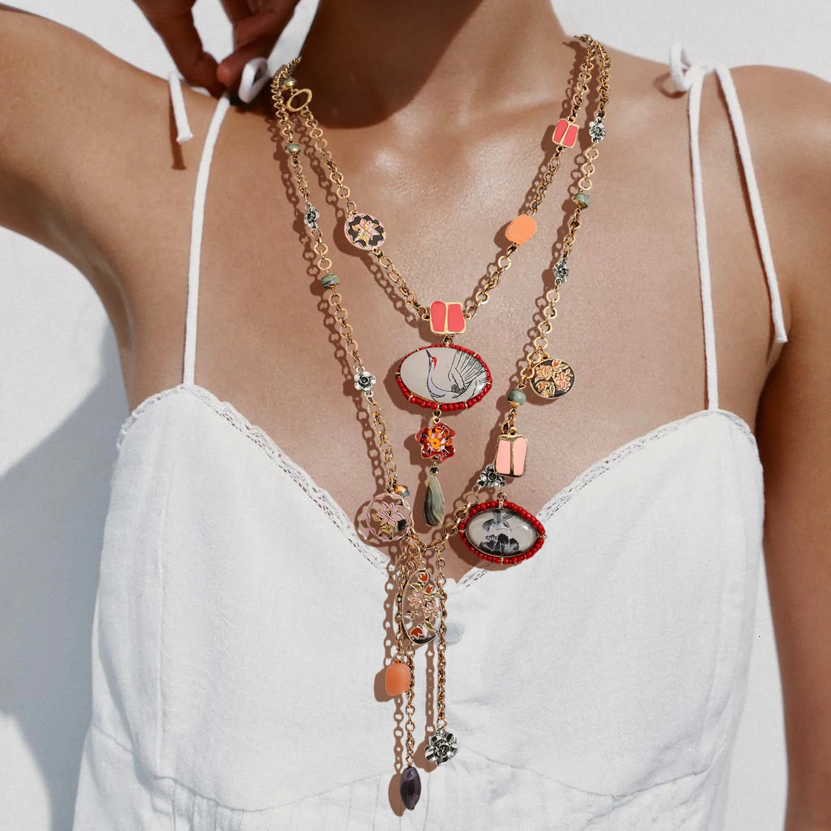 ZAA Multi-layered Painted Flowers and Cranes Ancient Style Pendant Necklace Geometric Tassel Necklace Neck Accessories 260107