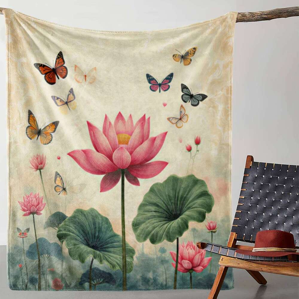1pc Vintage Floral & Butterfly Print Flannel Blanket - Soft Polyester All-Season Cozy Throw for Sofa, Bed, Car, Office XJ260112