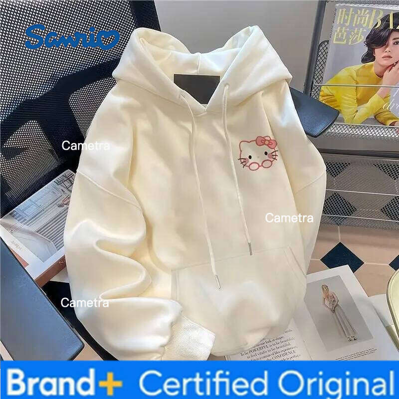 Sanrio Hellokitty Hoodie Long Sleeve Woman Autumn and Winter Cartoon Pure Cotton Student Kawali Sports Shirt Y2K Casual Clothing H260112