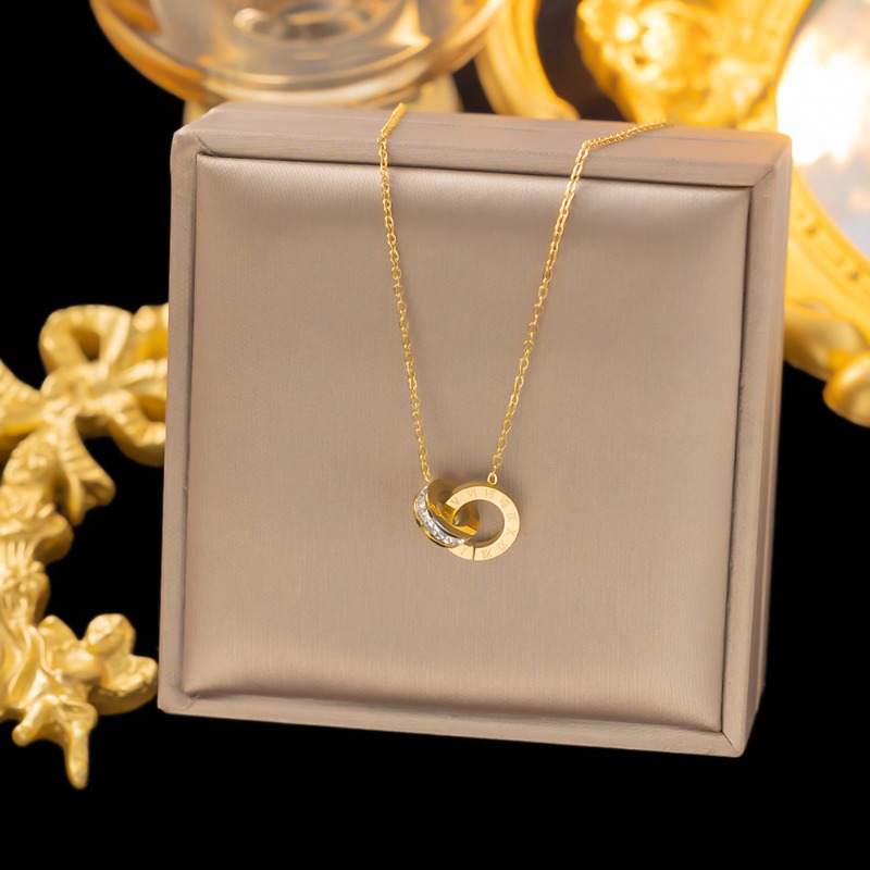 Women's Roman Numeral Double Circle Cubic Zirconia Titanium Steel Necklace Dainty Light Luxury Clavicle Chain Trendy Fashion Jewelry