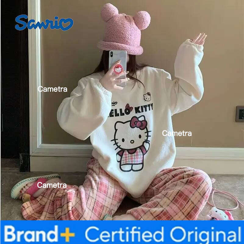 Sanrio Girl Home wear microvilli hello kitty kawaii Cartoon Student Casual Autumn and winter Round neck Loungewear set new style H260112