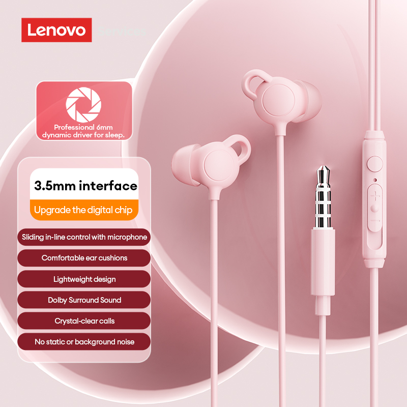 Lenovo YF44 Wired Earphones In-Ear Noise-Canceling Sleep Headphones with Smart In-Line Controls and Microphone Hi-Fi Sound Quality Music Headset