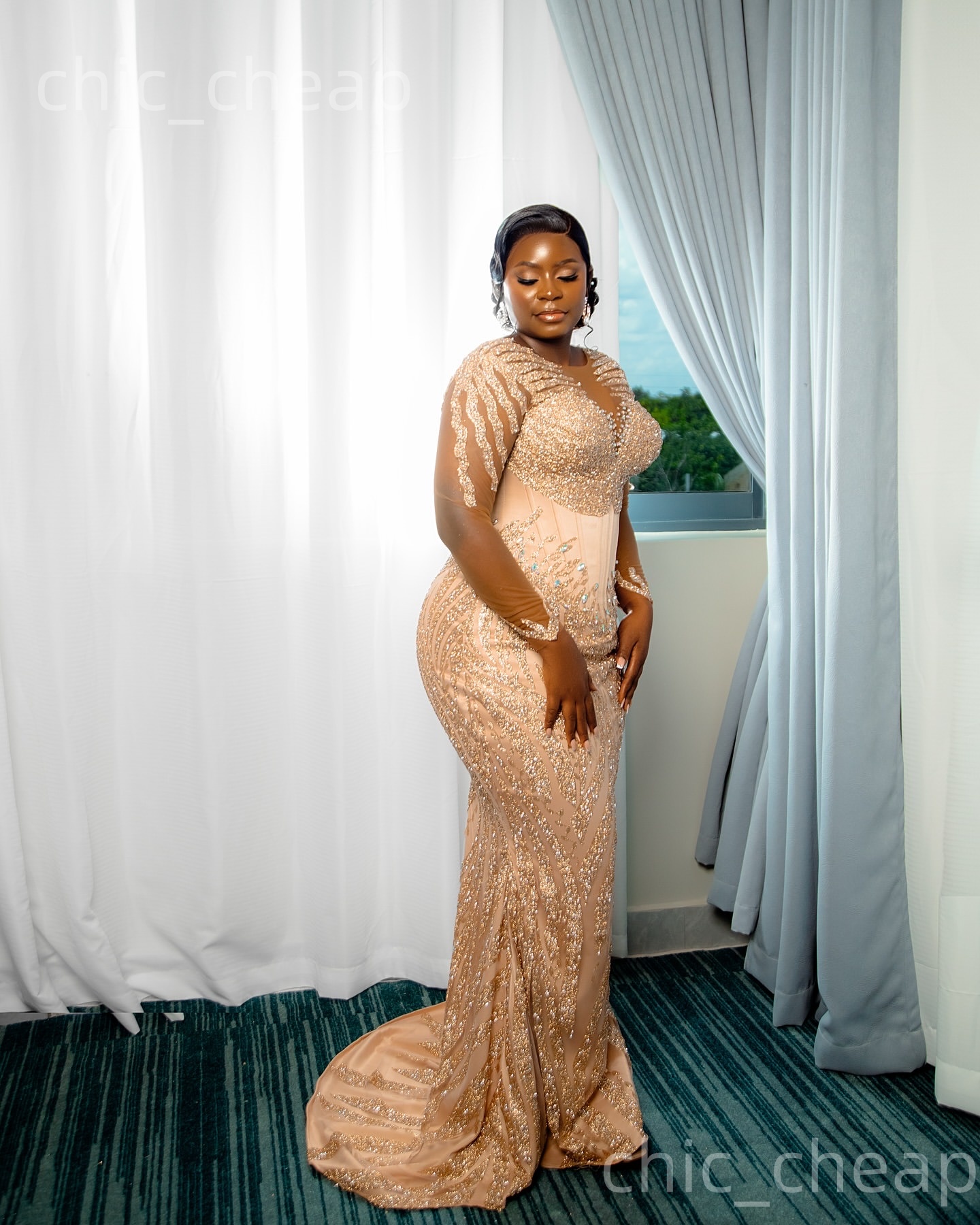 Aso Ebi Champagne Mermaid Prom Dresses 2026 Crystals Sequined Sheer Neck Evening Formal Party Second Birthday Engagement Gowns Dress For Special Occas