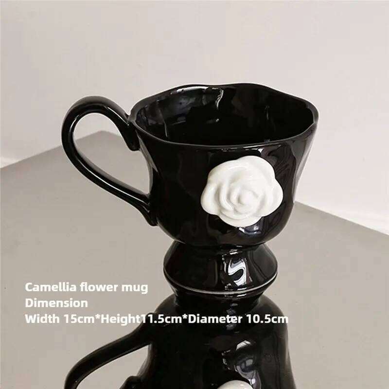 A03F- Mug Camellia Embossed French Household Style Breakfast Milk Office Coffee Cup, Retro Design With Handle