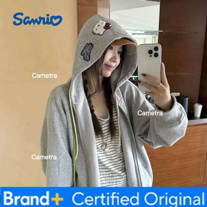 Sanrio Anime ed Hello Kittys Embroidered Hooded Sweatshirt Women's Loose Cardigan Coat Harajuku Girls Zipper Jacket Casual Tops H260112