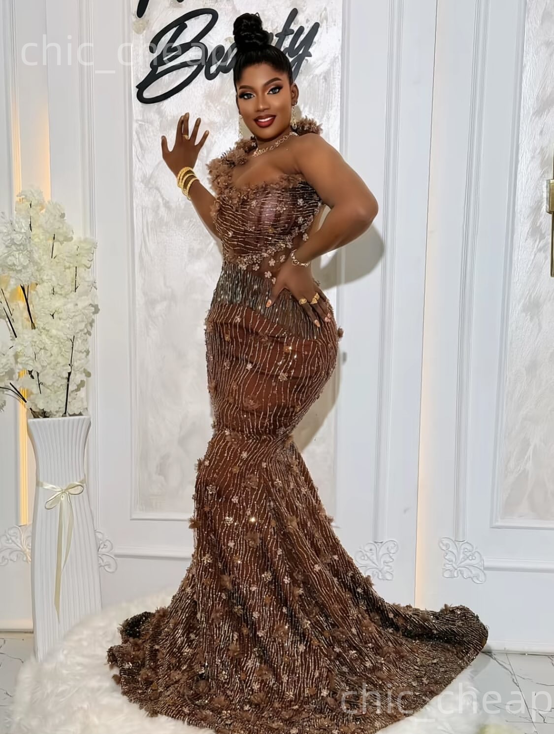 Aso Ebi Brown Mermaid Prom Dresses 2026 One Shoulder Flowers Crystals Beaded Evening Formal Party Second Birthday Engagement Gowns Dress For Special O