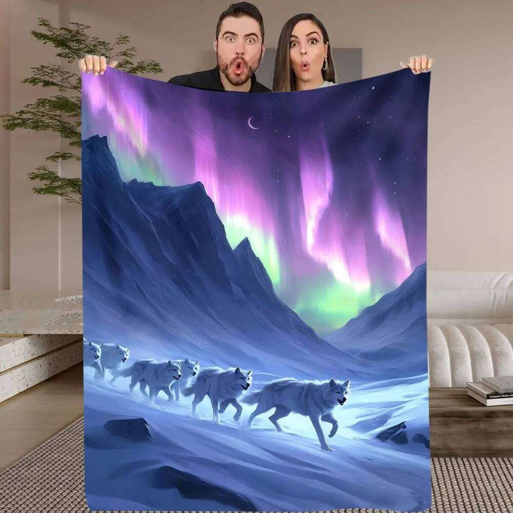 1pc Aurora Pack Digital Printed Design Blanket - All-Season Soft Flannel Throw with Vibrant Northern Lights & Wolf Silhouet XJ260112