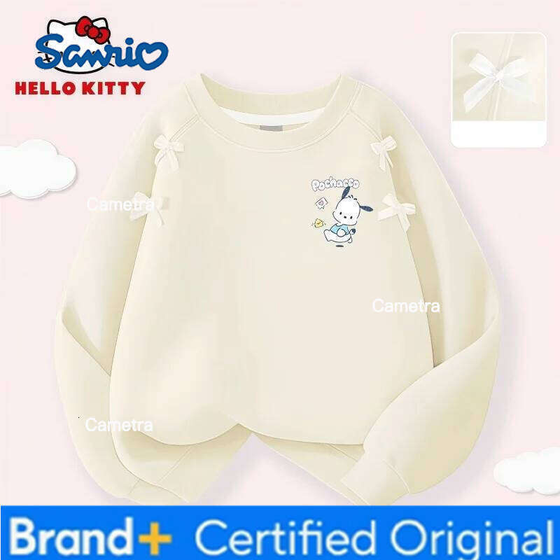 Sanrio Hello Kitty Girl Bow Decoration Hoodies Soft Breathable Long-sleeved T-shirt Kids Round-neck Comfortable Pullover H260112