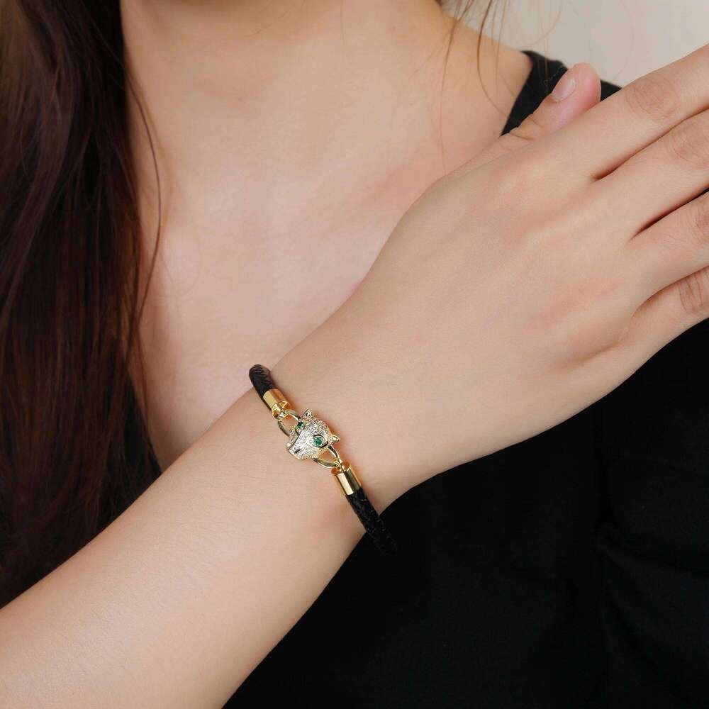 Bracelet Jewellery Textured 1 Stainless Steel Leopard Head Braided Leather Rope with Cubic Zirconia Animal Style Unisex Cuff for Daily Casual Wear and